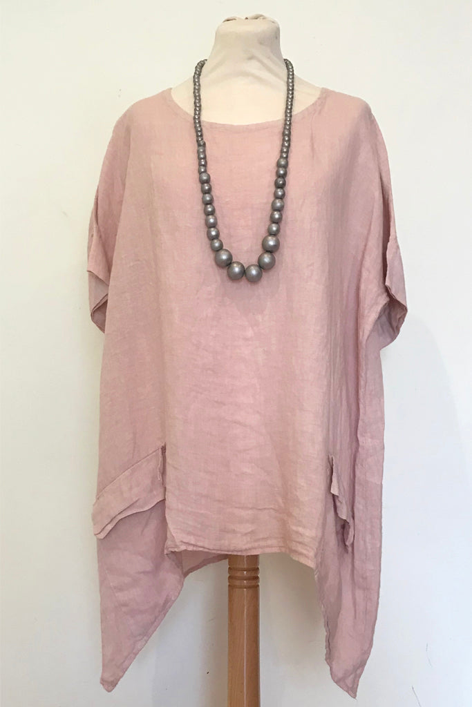 OVERSIZED ASYMETRIC PLAIN LINEN TUNIC WITH 2 FRONT POCKETS