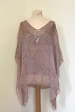 DELICATE PRINT  SILK V-NECK TOP WITH SILK CROCHET AND SEQUIN DETAIL