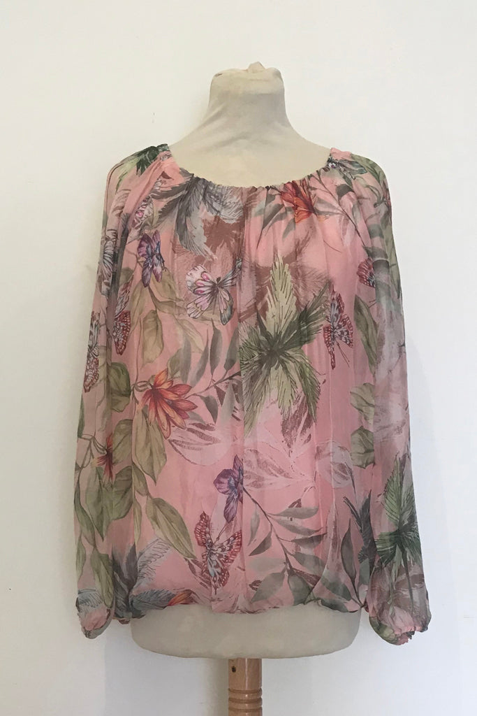 SILK FLORAL TOP WITH BLOUSON HEM & TIE AT BACK NECK