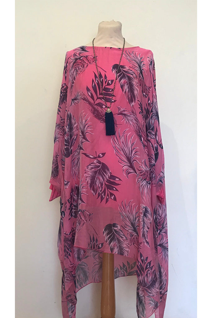 PALM PRINT LONG LINE ASYMETRIC SILK TOP WITH JERSEY CUFF