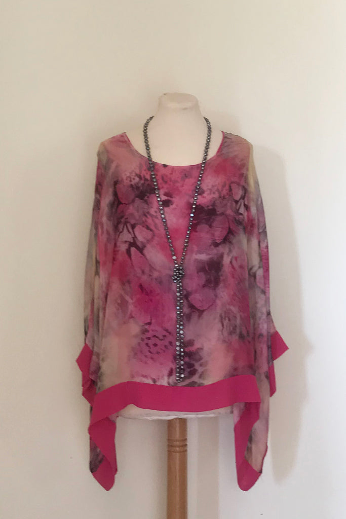 ANIMAL PRINT SILK TOP WITH PLAIN HEM AND CUFF