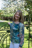 SILK FLORAL TOP WITH BLOUSON HEM & TIE AT BACK NECK