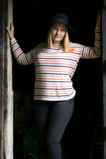 ROUND NECK MULTI STRIPED JUMPER WITH ORANGE HEART