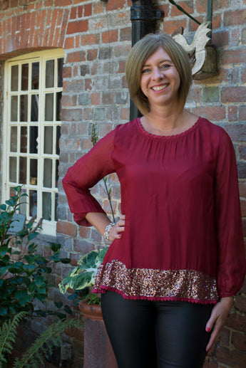 LONG SLEEVE 100% SILK GYPSY STYLE TOP WITH SEQUINED HEMLINE