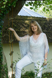 DELICATE PRINT  SILK V-NECK TOP WITH SILK CROCHET AND SEQUIN DETAIL