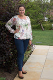 SILK FLORAL TOP WITH BLOUSON HEM & TIE AT BACK NECK