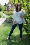 DELICATE PRINT  SILK V-NECK TOP WITH SILK CROCHET AND SEQUIN DETAIL