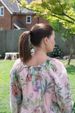 SILK FLORAL TOP WITH BLOUSON HEM & TIE AT BACK NECK