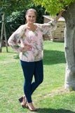 SILK FLORAL TOP WITH BLOUSON HEM & TIE AT BACK NECK
