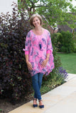PALM PRINT LONG LINE ASYMETRIC SILK TOP WITH JERSEY CUFF