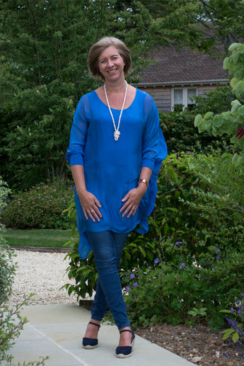 LONG LINE ASYMETRIC SILK TOP WITH JERSEY CUFF