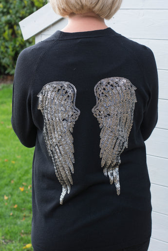 LONGLINE CARDIGAN WITH SILVER SEQUIN ANGEL WINGS ON THE BACK