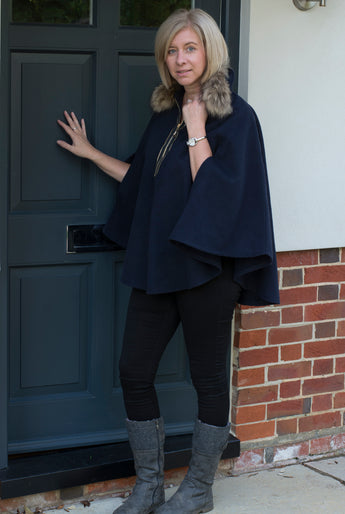 WOOL PONCHO WITH FAUX FUR COLLAR AND ZIP DETAIL