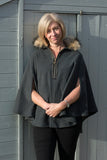 WOOL PONCHO WITH FAUX FUR COLLAR AND ZIP DETAIL