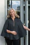WOOL PONCHO WITH FAUX FUR COLLAR AND ZIP DETAIL
