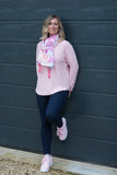 SPRING COLOURED ROUND NECK RAGLAN SLEEVED JUMPER WITH CURVED HEM