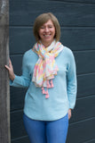 SPRING COLOURED ROUND NECK RAGLAN SLEEVED JUMPER WITH CURVED HEM