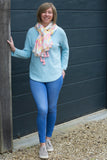 SPRING COLOURED ROUND NECK RAGLAN SLEEVED JUMPER WITH CURVED HEM