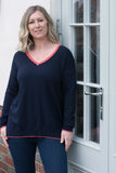 V NECK JUMPER WITH CORAL TRIM