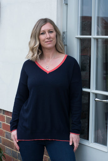 V NECK JUMPER WITH CORAL TRIM