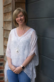 DELICATE PRINT  SILK V-NECK TOP WITH SILK CROCHET AND SEQUIN DETAIL