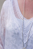 DELICATE PRINT  SILK V-NECK TOP WITH SILK CROCHET AND SEQUIN DETAIL