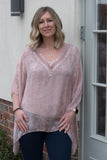 DELICATE PRINT  SILK V-NECK TOP WITH SILK CROCHET AND SEQUIN DETAIL