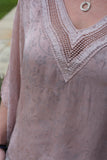 DELICATE PRINT  SILK V-NECK TOP WITH SILK CROCHET AND SEQUIN DETAIL