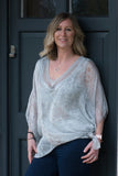 DELICATE PRINT  SILK V-NECK TOP WITH SILK CROCHET AND SEQUIN DETAIL