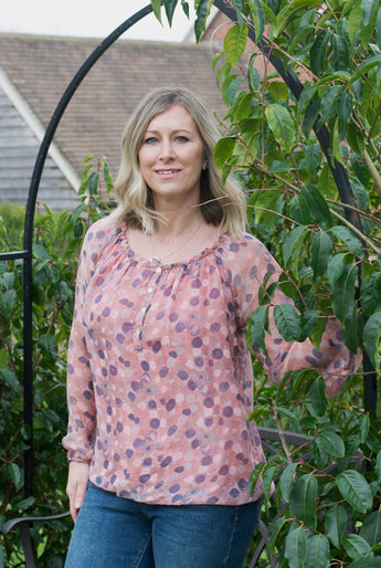 SPOTTED SILK GYPSY STYLE TOP WITH BLOUSON HEM