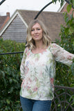 SILK FLORAL TOP WITH BLOUSON HEM & TIE AT BACK NECK