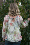 SILK FLORAL TOP WITH BLOUSON HEM & TIE AT BACK NECK