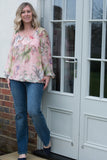 SILK FLORAL TOP WITH BLOUSON HEM & TIE AT BACK NECK