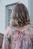 SILK FLORAL TOP WITH BLOUSON HEM & TIE AT BACK NECK