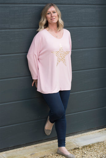 LONGLINE GOLD CHEETAH PRINT STAR TOP